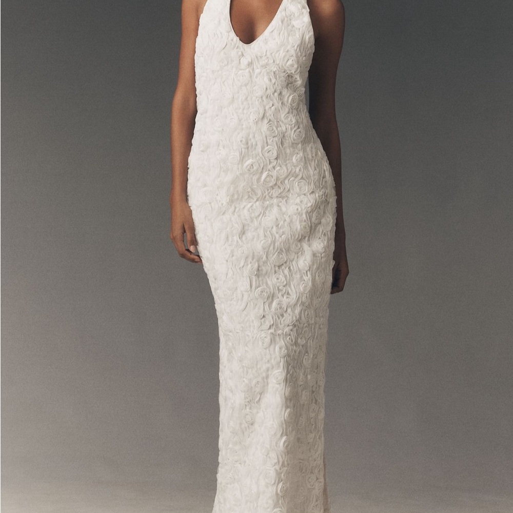 NWT Bhldn Anthropologie halter open back bridal Floral Textured midi slim Dress